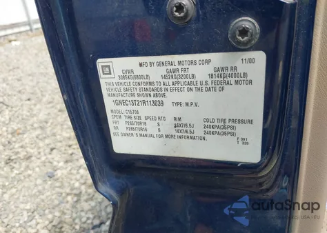 2001 Chevrolet Tahoe Lt from USA, damaged, VIN 1GNEC13T21R113039